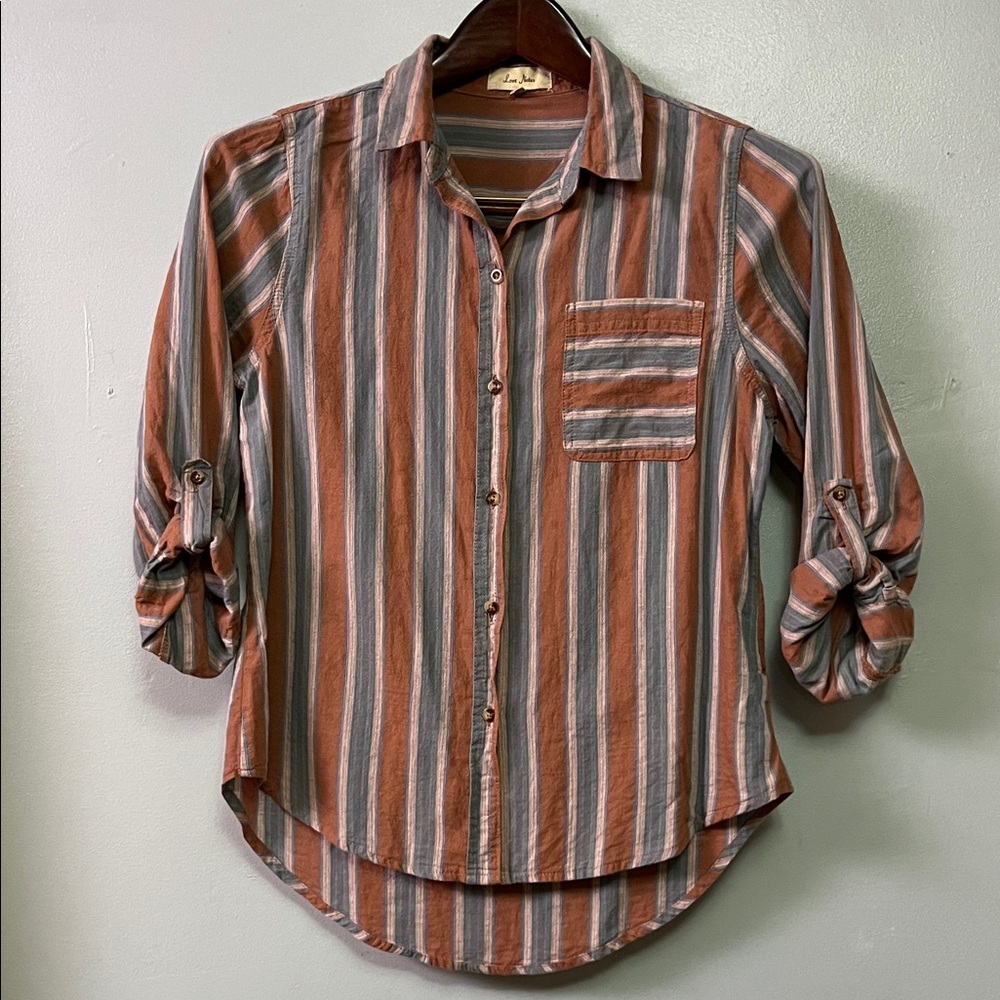 Love Notes Striped Cotton Button-Down Shirt - Rus… - image 1